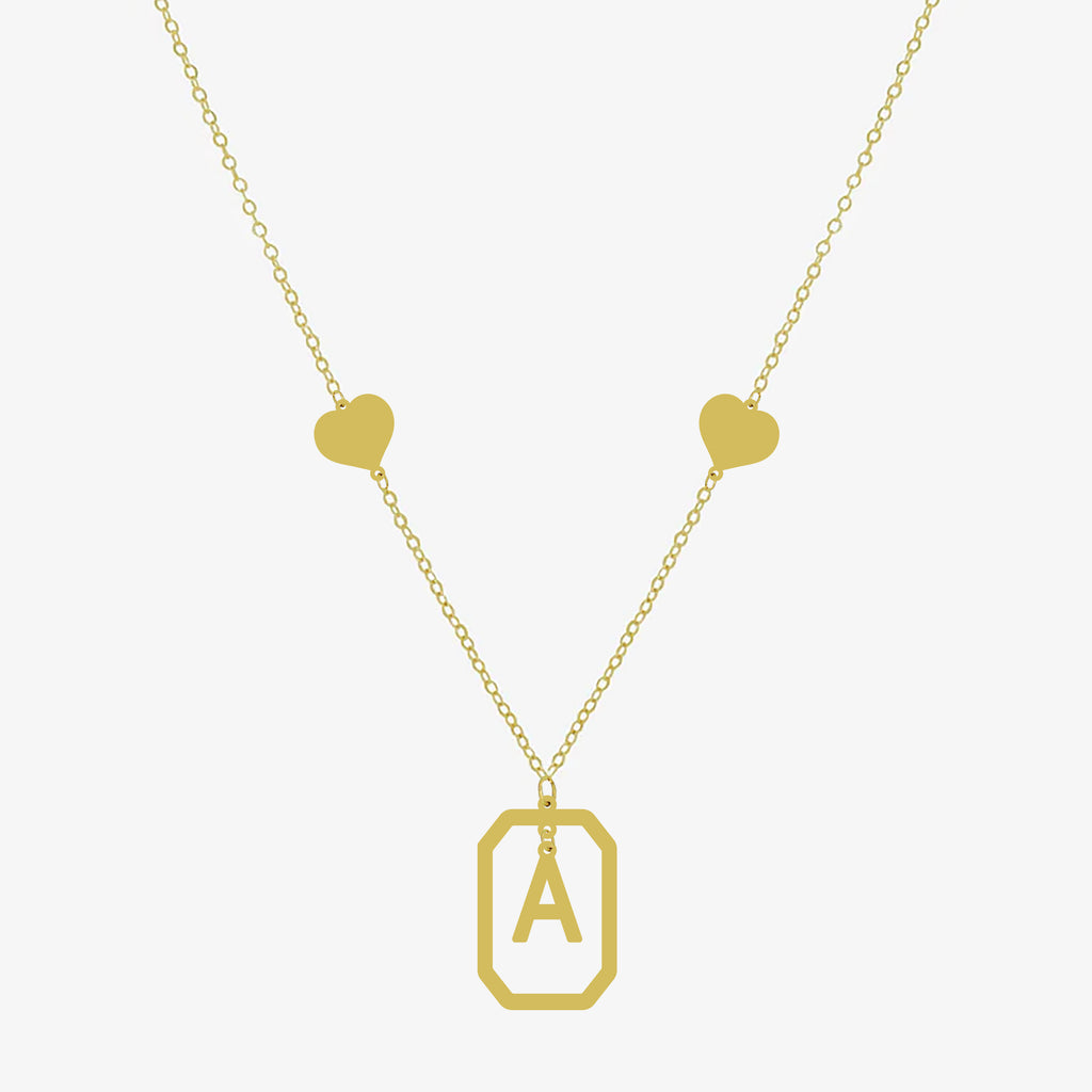 Collier initiale A doré avec pendentif rectangulaire et deux cœurs en argent 925, chaîne fine – bijou personnalisé femme.