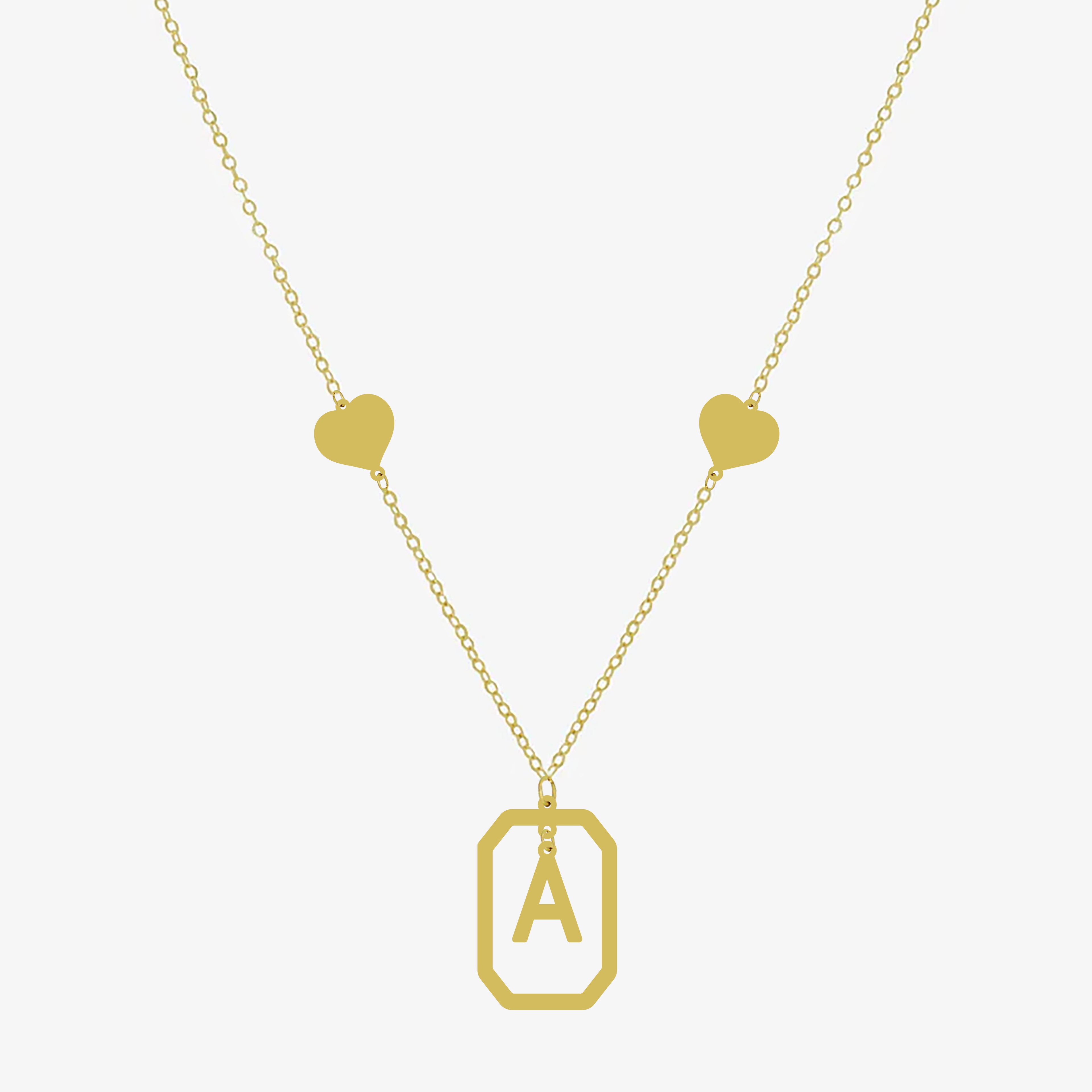 Collier initiale A doré avec pendentif rectangulaire et deux cœurs en argent 925, chaîne fine – bijou personnalisé femme.