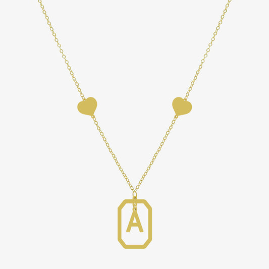 Collier initiale A doré avec pendentif rectangulaire et deux cœurs en argent 925, chaîne fine – bijou personnalisé femme.