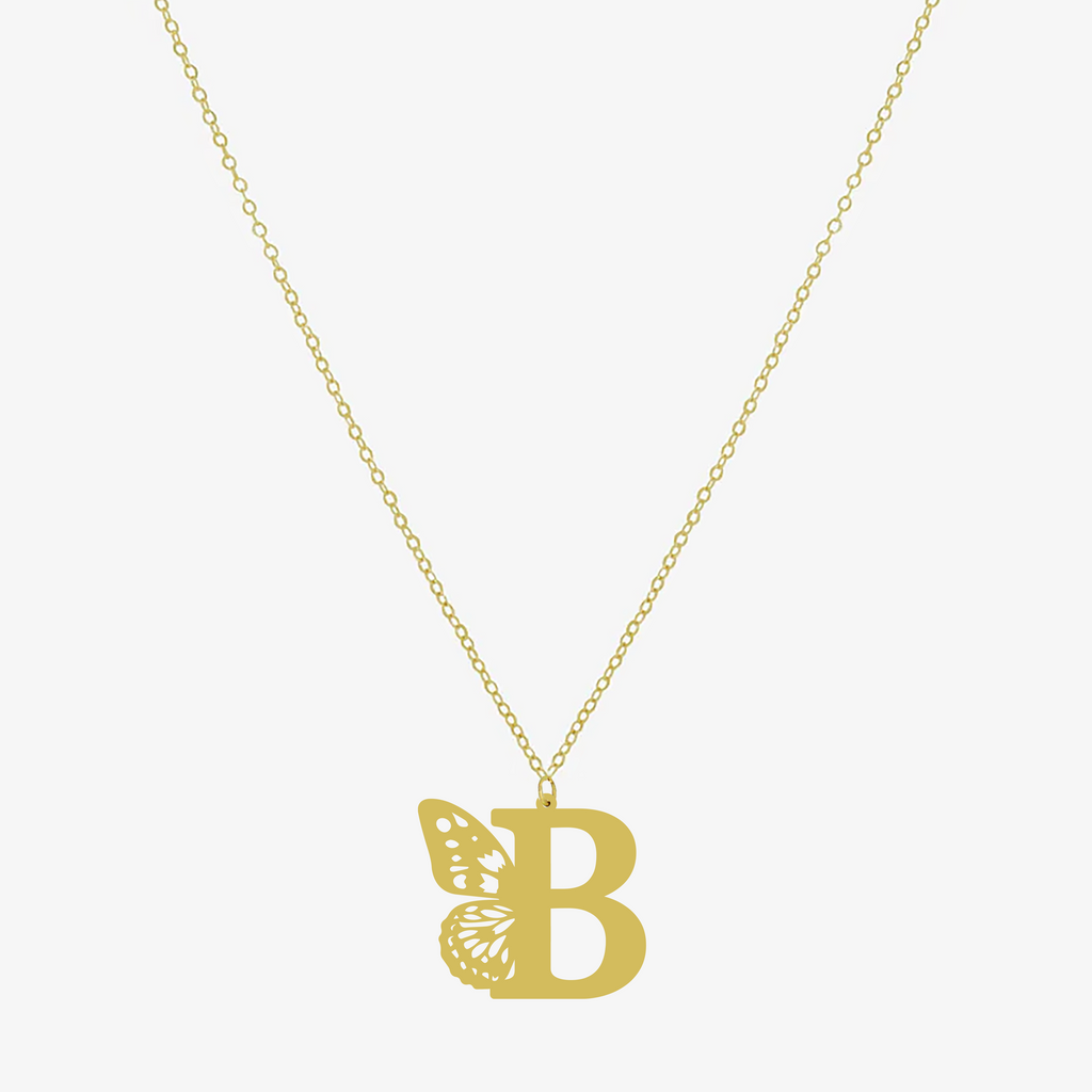 Collier lettre B avec papillon en argent doré 925 sur chaîne fine – bijou personnalisé féminin.