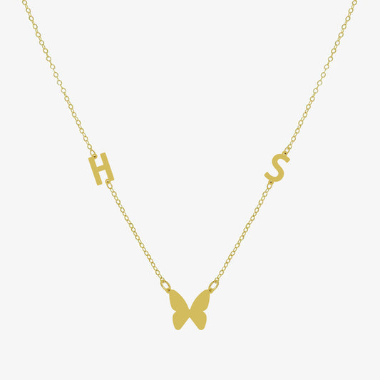 Collier papillon doré avec deux initiales personnalisées en argent 925 – bijou femme personnalisé.