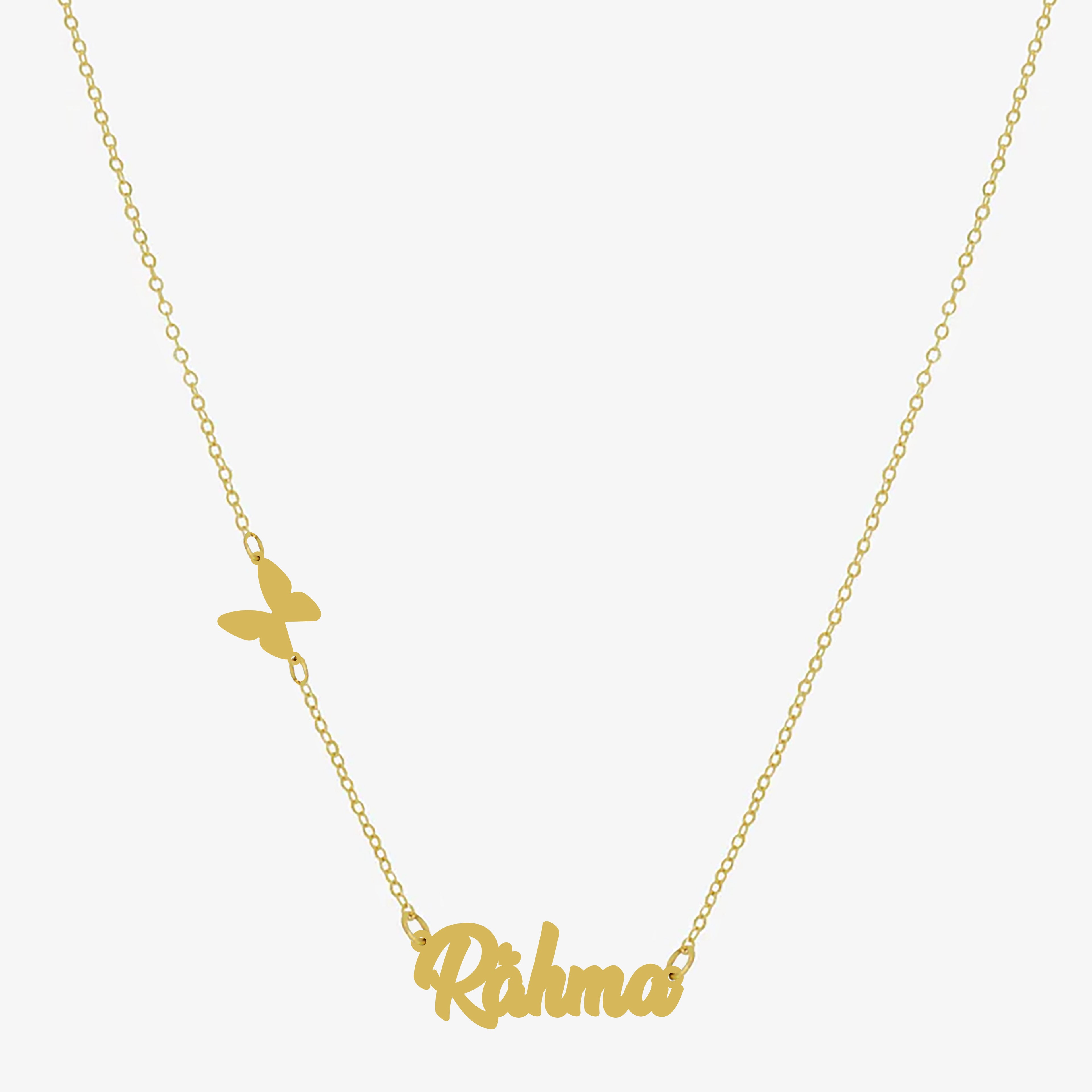 collier prénom personnalisé avec papillon en argent doré 925 porté femme